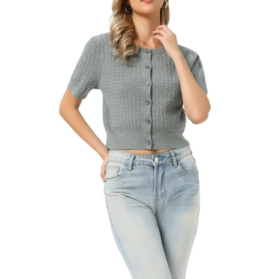 INSPIRE CHIC Summer Short Sleeve Cardigans Sweater Casual Cable Knit Button Down Crewneck Lightweight Sweater Tops XS Grey