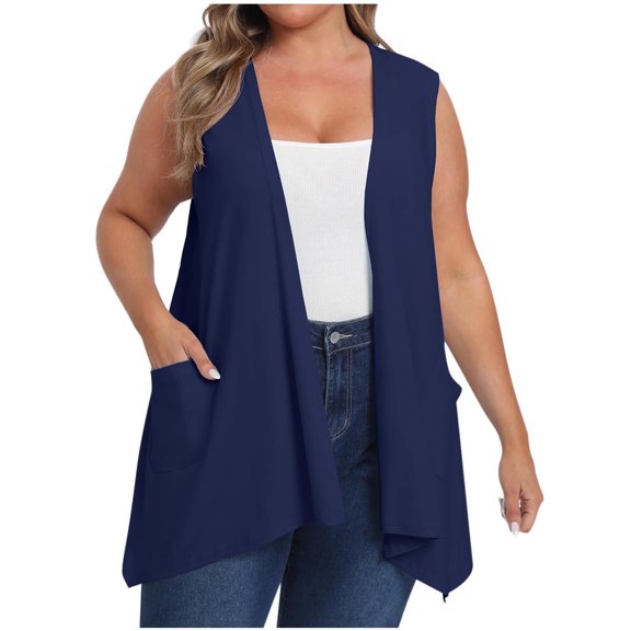 Summer Short Sleeve Cardigans for Women Plus Size Solid Color Cardigan Pocket Sleeveless Plus Size