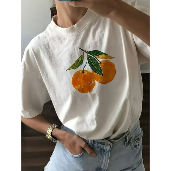 [Summer Short Sleeve Crew Neck] Orange Print Crew Neck T-shirt, Short Sleeve Casual Top For Summer & Spring, Women's Clothing