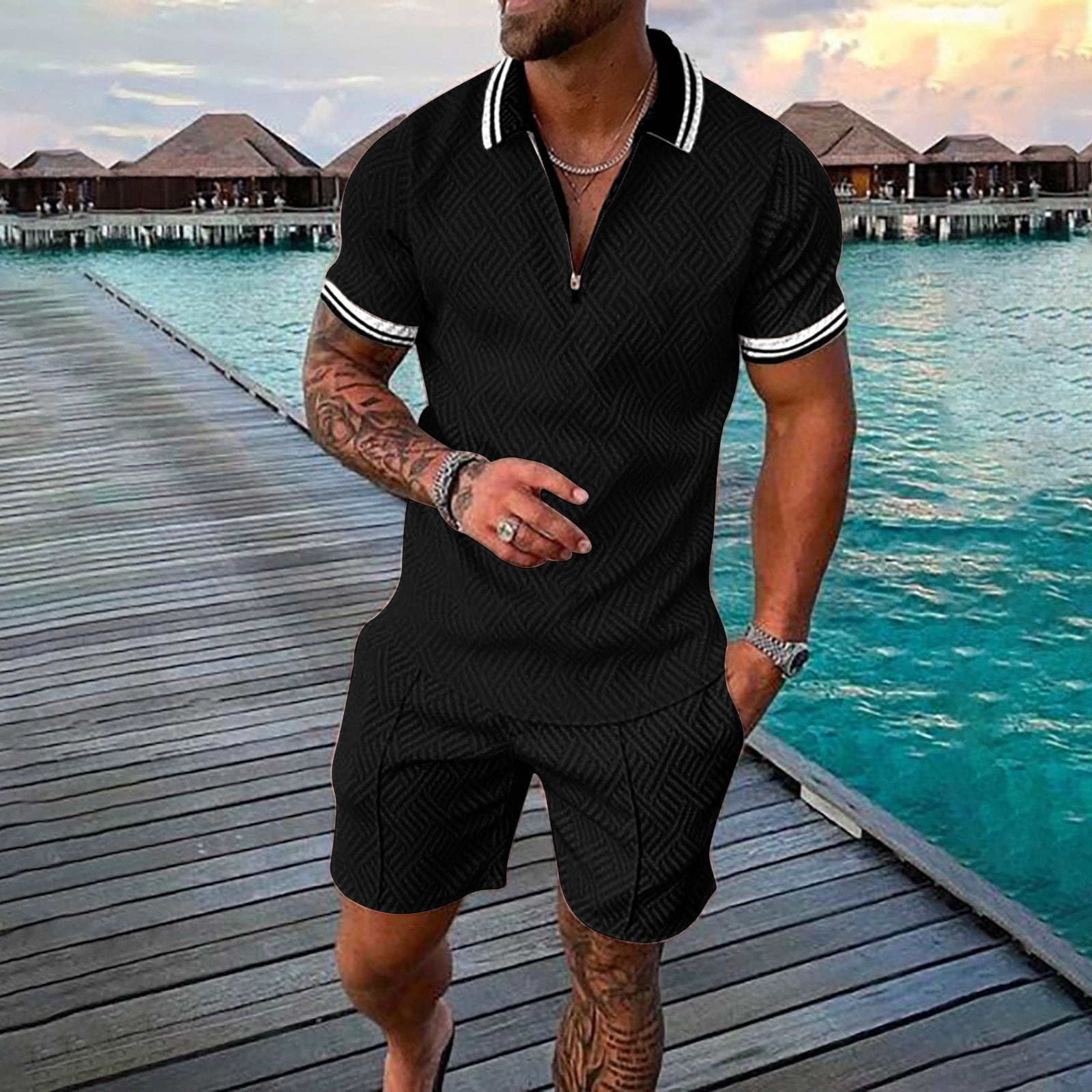 Summer Short Sleeve Floral Outfits for Men Black Men's 3D Suit