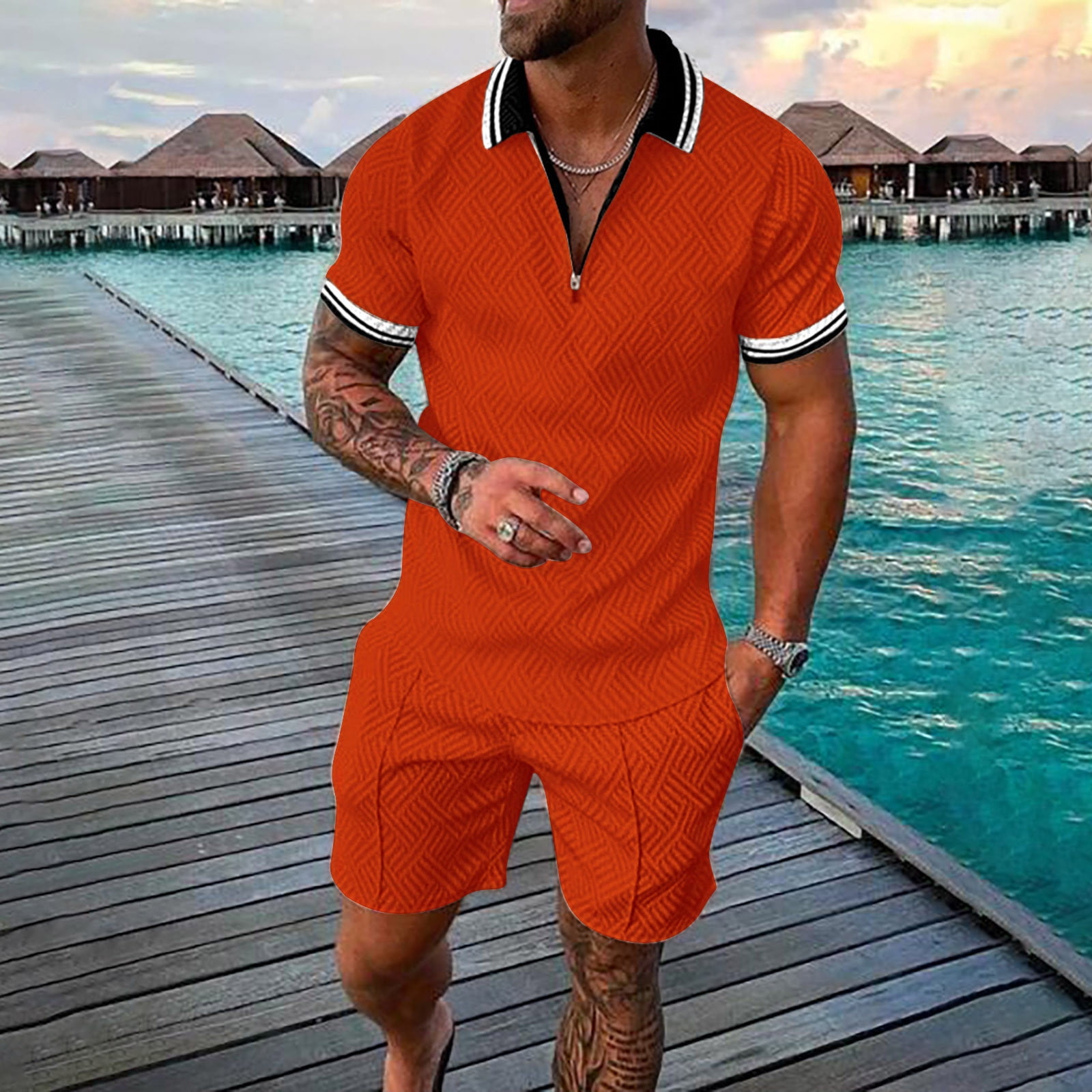 Summer Short Sleeve Floral Outfits for Men Orange Men's 3D