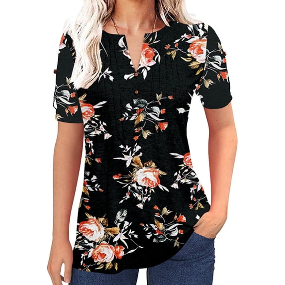 Summer Short Sleeve Floral Print V-Neck Casual Blouse Tops