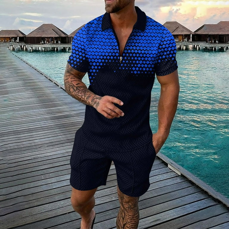 Summer Short Sleeve Going Out Floral Polo Shirts for Men Blue Men s Shirt And Shorts Set Outfits Casual Suit 2 Piece Tracksuit