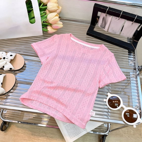 Summer Short Sleeve Grid Round Neck Breathable Girls Solid Casual Tee For Toddler KidsPink1-2 Years