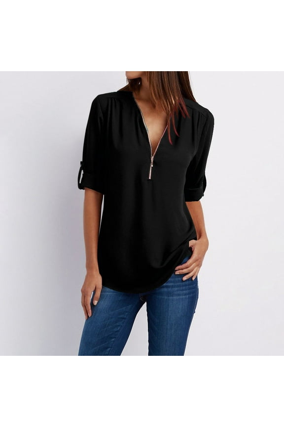 Summer Short Sleeve Loose Fit T Shirts for Women Black Plus Size Polyester Tops Button Chiffon Zipper Shirt XXL