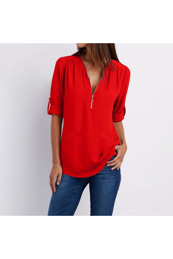 Summer Short Sleeve Loose Fit T Shirts for Women Red Plus Size Polyester Tops Button Chiffon Zipper Shirt XL