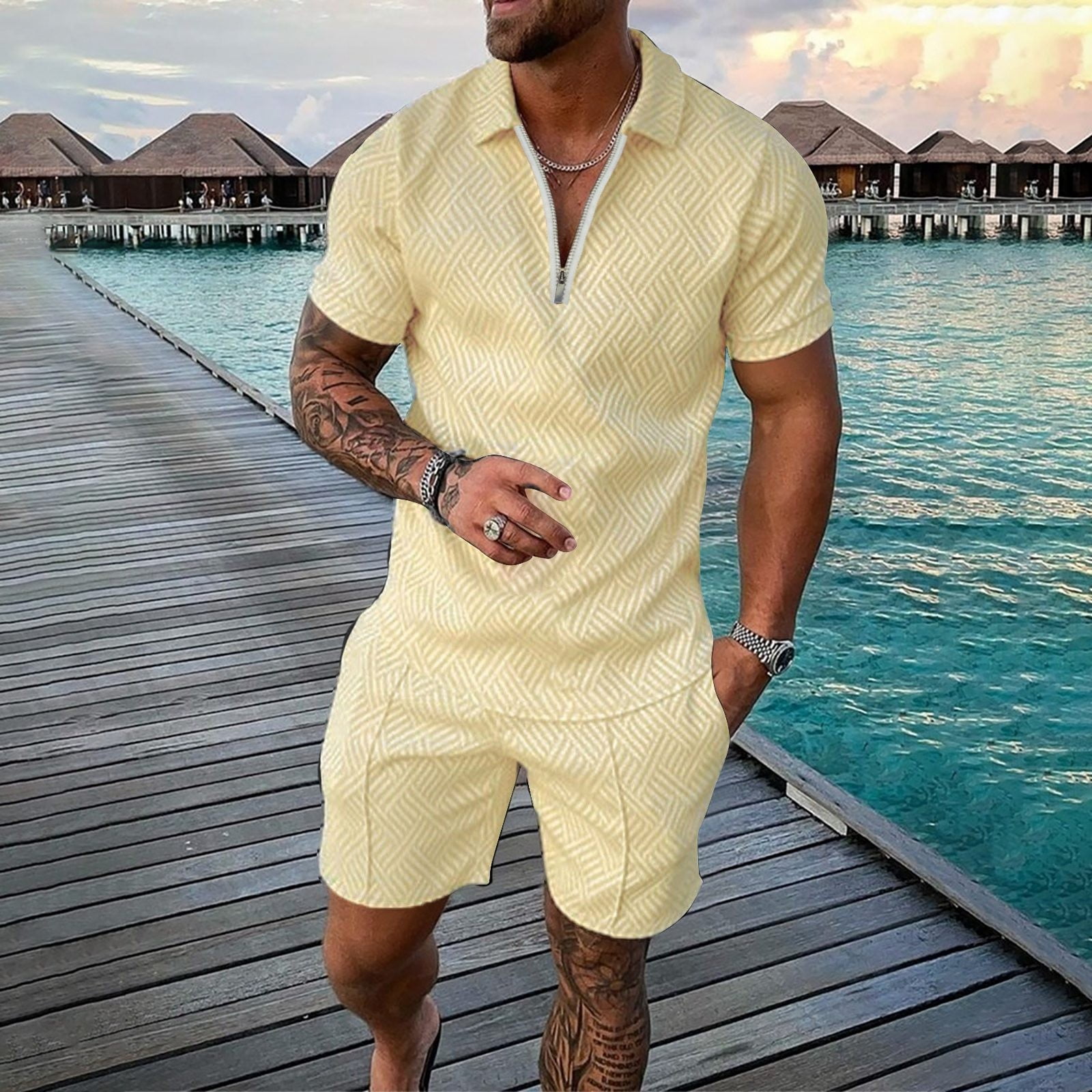 Summer Short Sleeve Outfits for Men Yellow Men's 3D Suit