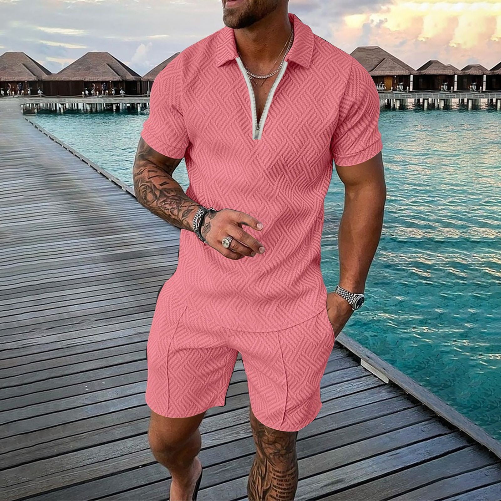 Summer Short Sleeve Outfits for Men Pink Men's 3D Suit
