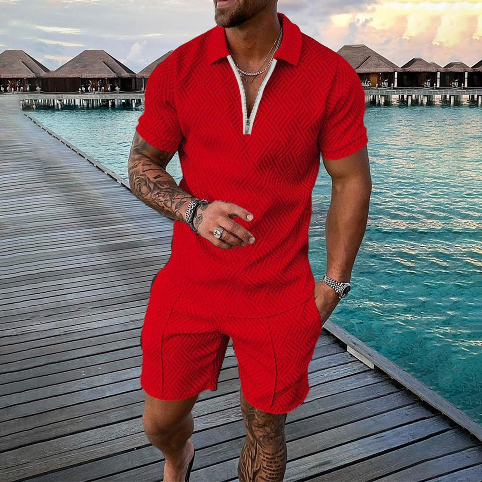 Summer Short Sleeve Outfits for Men Red Men's 3D Suit Shorts Beach