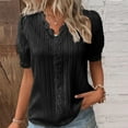 thumbnail image 1 of Summer Short Sleeve Oversized Going Out Dress Shirts for Women Black Fashion Hollowed Lace V Neck Plain Elegant Shirt Solid Color Blouse Comfy Soft Tee M, 1 of 4