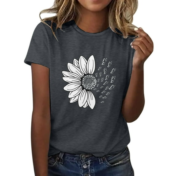 Summer Short Sleeve Oversized Loose Fit Spandex T Shirts for Girls Gray Women Sunflower Shirt Plus Size Blouse Tops Girl Graphic Casual Tees