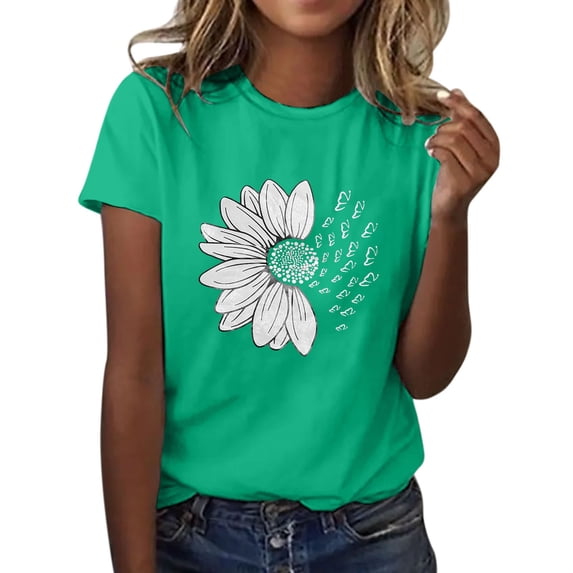 Summer Short Sleeve Oversized Loose Fit Spandex T Shirts for Girls Green Women Sunflower Shirt Plus Size Blouse Tops Girl Graphic Casual Tees