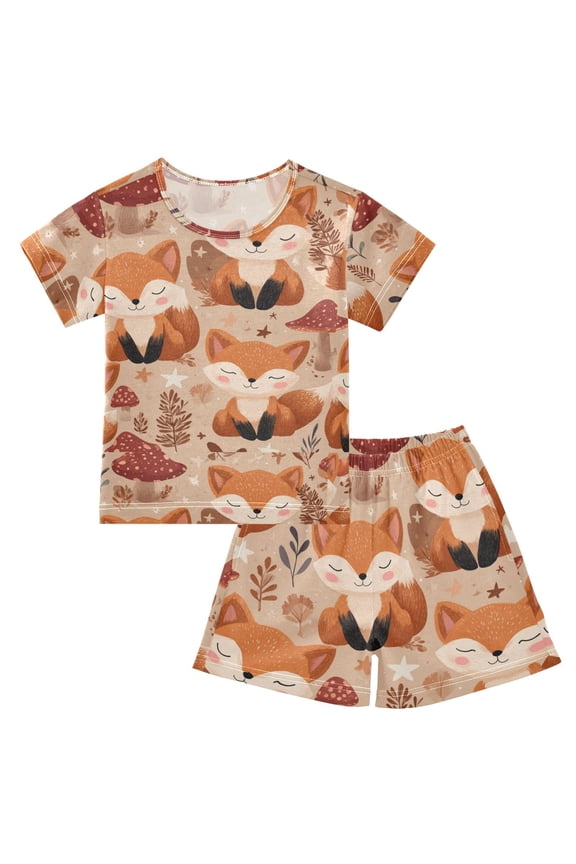 Summer Short Sleeve Pajama Sets A Little Fox with A Smiling Face. Patterns Sleepwear Nighty 95% Cotton (5-14Y)