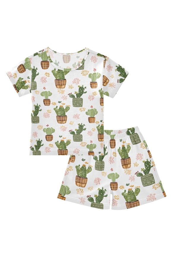 Summer Short Sleeve Pajama Sets Cactus Patterns Sleepwear Nighty 95% Cotton (5-14Y)