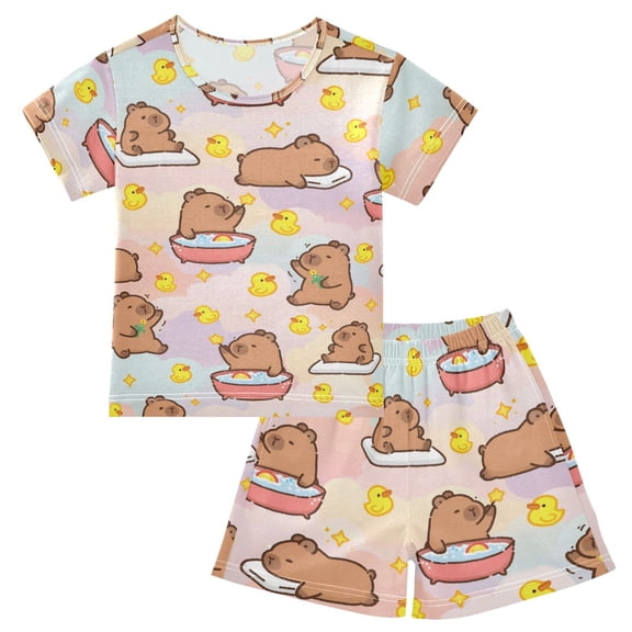 Summer Short Sleeve Pajama Sets Capybara Duck Patterns Sleepwear Nighty 95% Cotton (5-14Y)