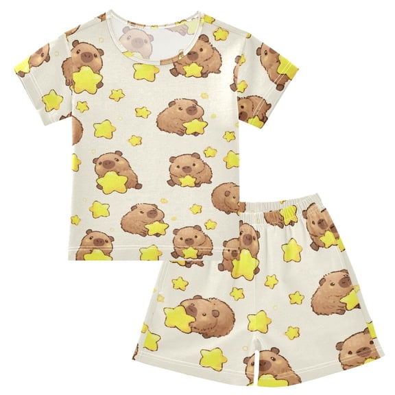 Summer Short Sleeve Pajama Sets Capybara Star Patterns Sleepwear Nighty 95% Cotton (5-14Y)