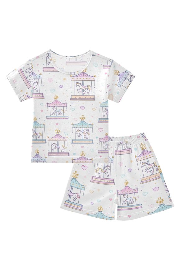 Summer Short Sleeve Pajama Sets Carousel Patterns Sleepwear Nighty 95% Cotton (5-14Y)
