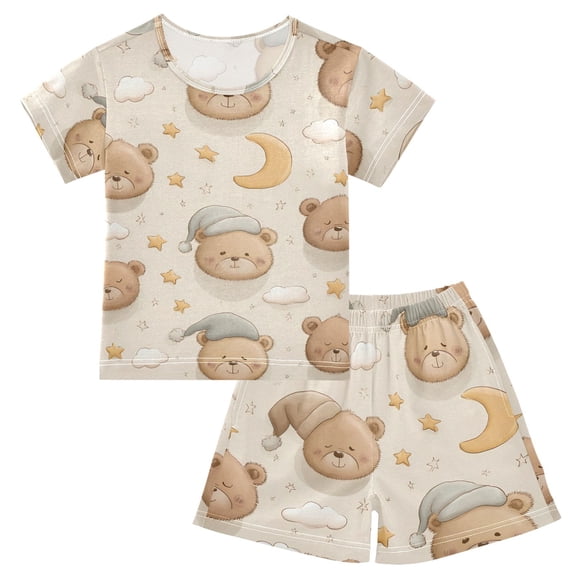 Summer Short Sleeve Pajama Sets Cartoon Bear Head Patterns Sleepwear Nighty 95% Cotton (5-14Y)