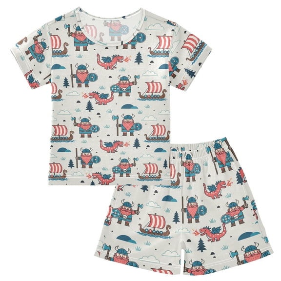 Summer Short Sleeve Pajama Sets Cartoon Vikings and Dragon Patterns Sleepwear Nighty 95% Cotton (5-14Y)