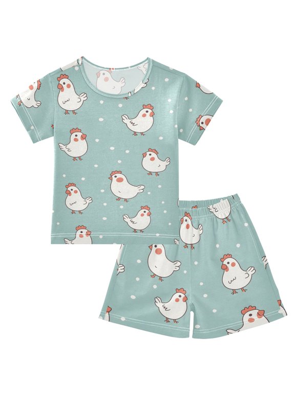 Summer Short Sleeve Pajama Sets Chicken Patterns Sleepwear Nighty 95% Cotton (5-14Y)