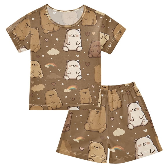 Summer Short Sleeve Pajama Sets Cute Bear and Rainbow Patterns Sleepwear Nighty 95% Cotton (5-14Y)