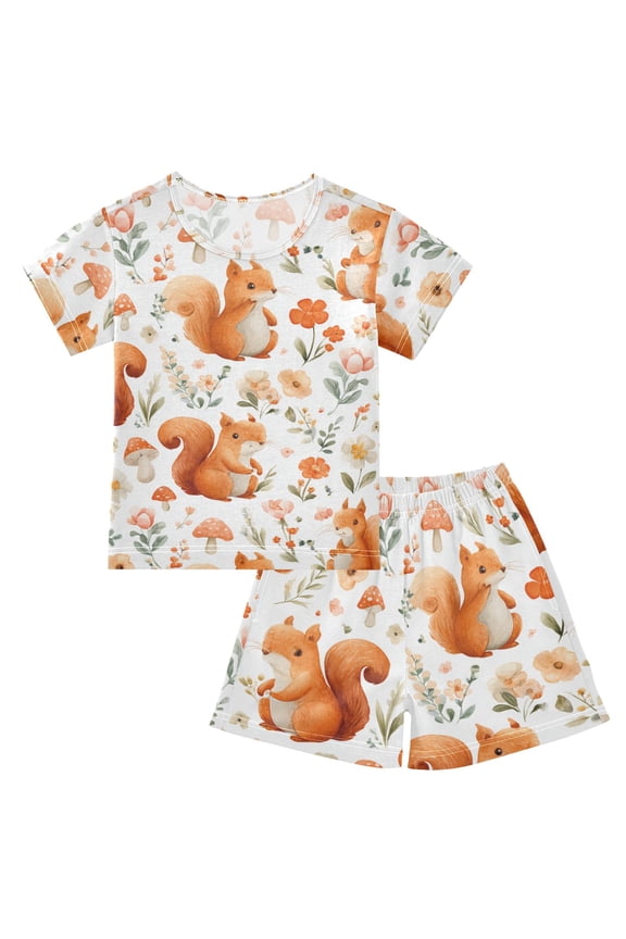 Summer Short Sleeve Pajama Sets Cute Cartoon Squirrel Patterns Sleepwear Nighty 95% Cotton (5-14Y)