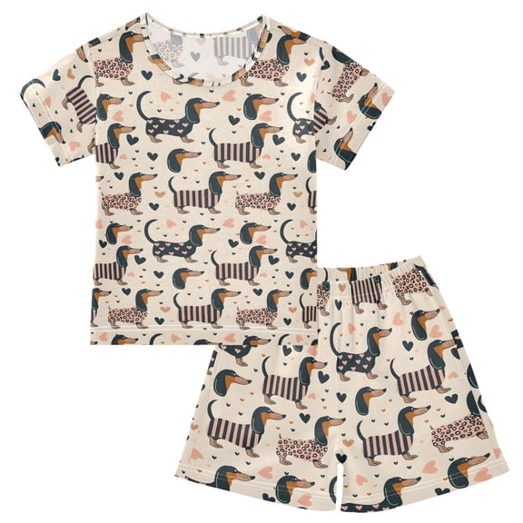 Summer Short Sleeve Pajama Sets Cute Dachshund Dogs Patterns Sleepwear Nighty 95% Cotton (5-14Y)