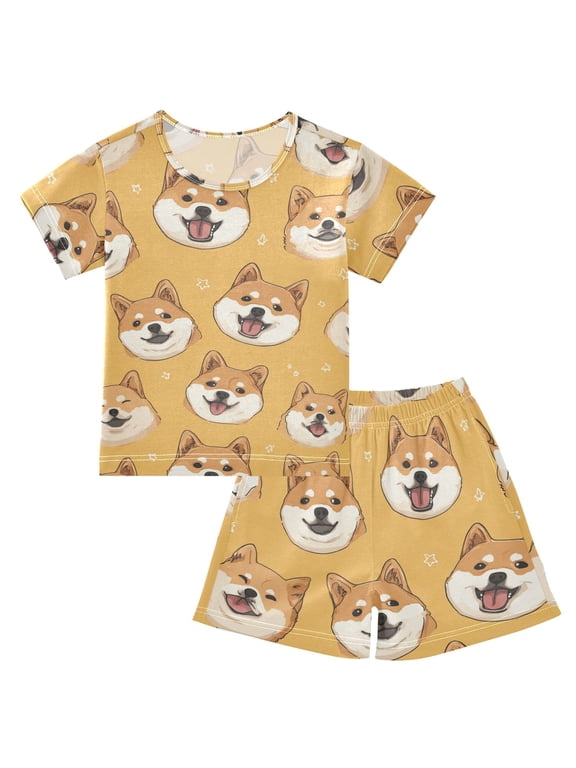 Summer Short Sleeve Pajama Sets Cute Doge Patterns Sleepwear Nighty 95% Cotton (5-14Y)