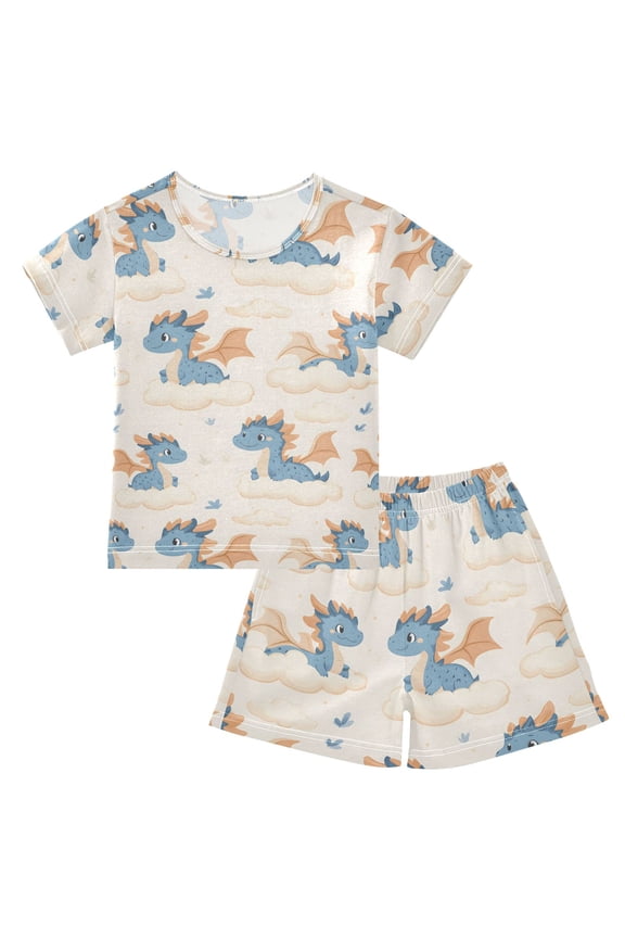 Summer Short Sleeve Pajama Sets Cute Dragon Cloud Patterns Sleepwear Nighty 95% Cotton (5-14Y)