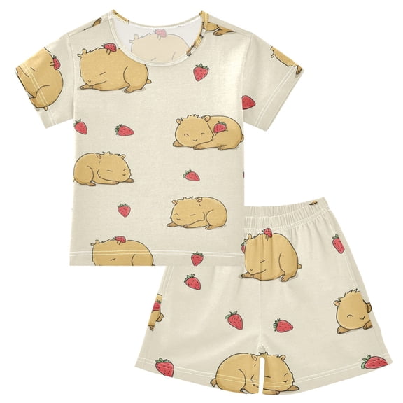 Summer Short Sleeve Pajama Sets Cute Guinea Pig and Strawberry Patterns Sleepwear Nighty 95% Cotton (5-14Y)