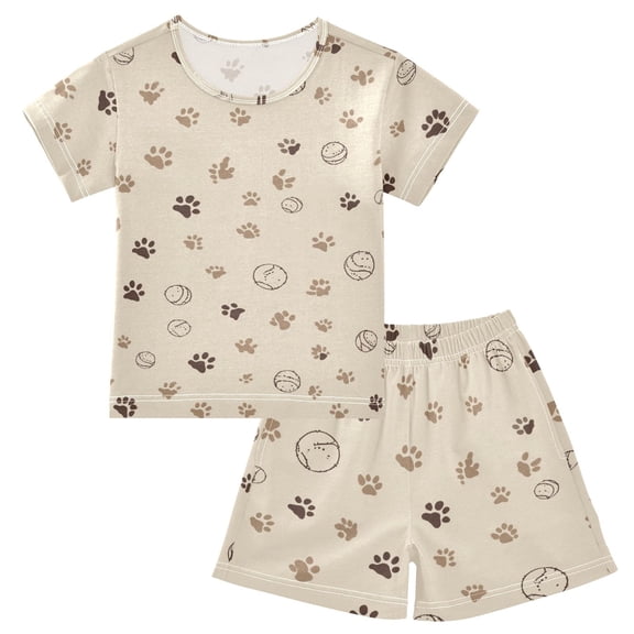 Summer Short Sleeve Pajama Sets Cute Little Dog Paw Patterns Sleepwear Nighty 95% Cotton (5-14Y)