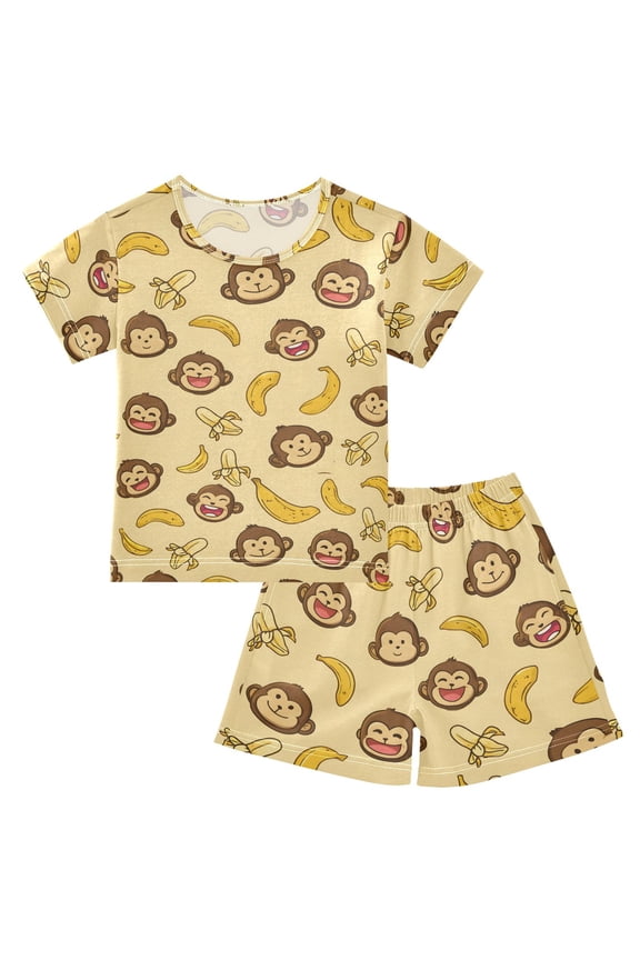 Summer Short Sleeve Pajama Sets Cute Monkey Patterns Sleepwear Nighty 95% Cotton (5-14Y)