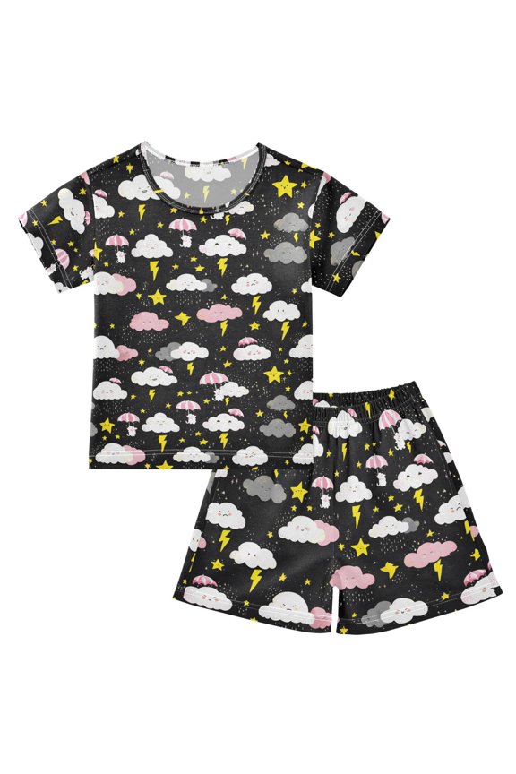 Summer Short Sleeve Pajama Sets Cute Rain Patterns Sleepwear Nighty 95% Cotton (5-14Y)