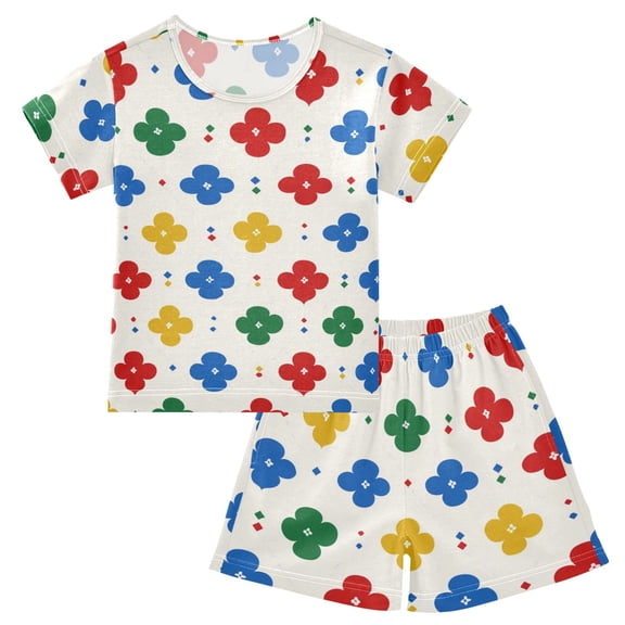 Summer Short Sleeve Pajama Sets Four Leaf Flowers Patterns Sleepwear Nighty 95% Cotton (5-14Y)
