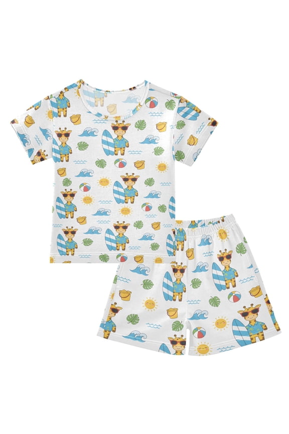 Summer Short Sleeve Pajama Sets Giraffe Surfing Patterns Sleepwear Nighty 95% Cotton (5-14Y)