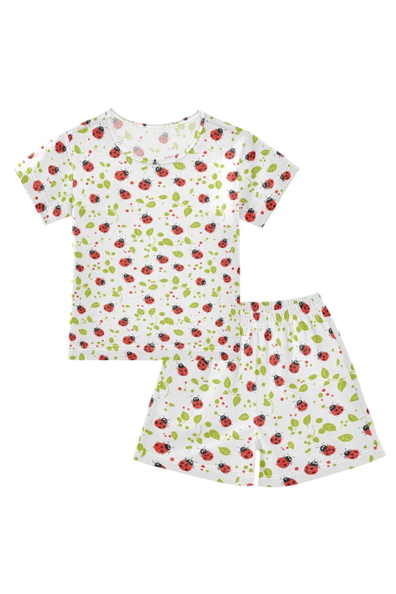 Summer Short Sleeve Pajama Sets Grass Ladybug Patterns Sleepwear Nighty 95% Cotton (5-14Y)