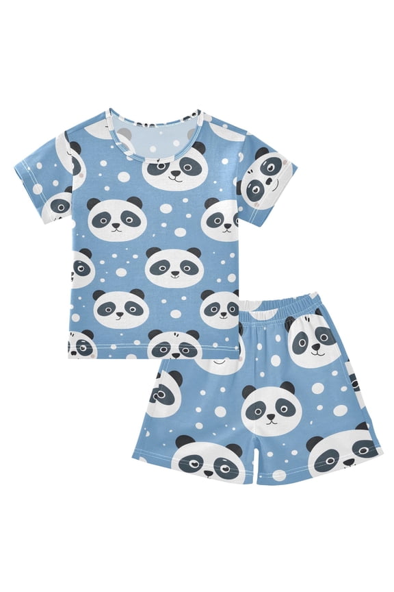 Summer Short Sleeve Pajama Sets Head Panda Vector Patterns Sleepwear Nighty 95% Cotton (5-14Y)