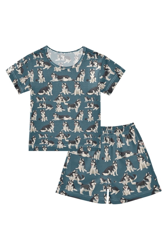 Summer Short Sleeve Pajama Sets Husky Flat Vector Different Moves Patterns Sleepwear Nighty 95% Cotton (5-14Y)