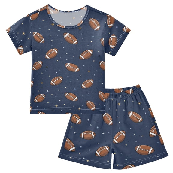 Summer Short Sleeve Pajama Sets Light Brown and White American Football Patterns Sleepwear Nighty 95% Cotton (5-14Y)