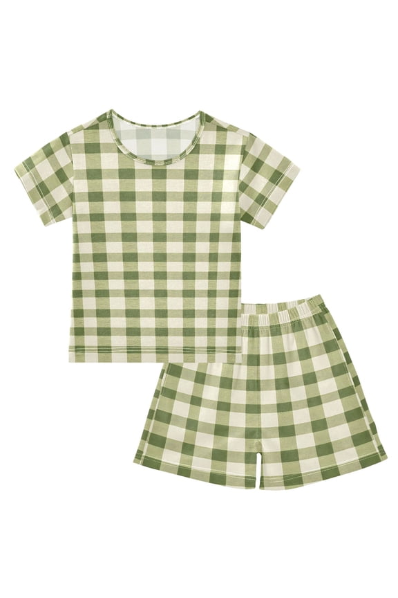 Summer Short Sleeve Pajama Sets Light Green Gingham Patterns Sleepwear Nighty 95% Cotton (5-14Y)