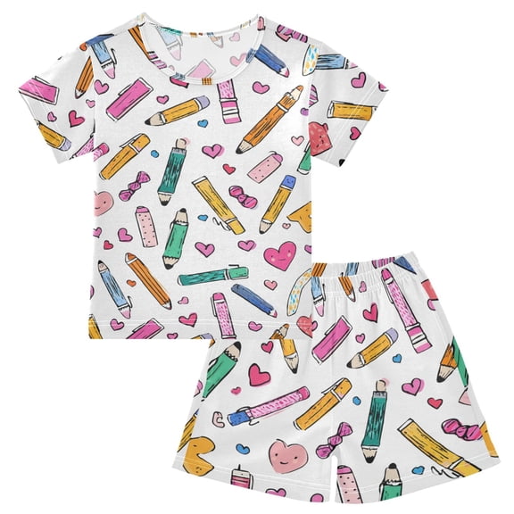Summer Short Sleeve Pajama Sets Pencils and Hearts Patterns Sleepwear Nighty 95% Cotton (5-14Y)