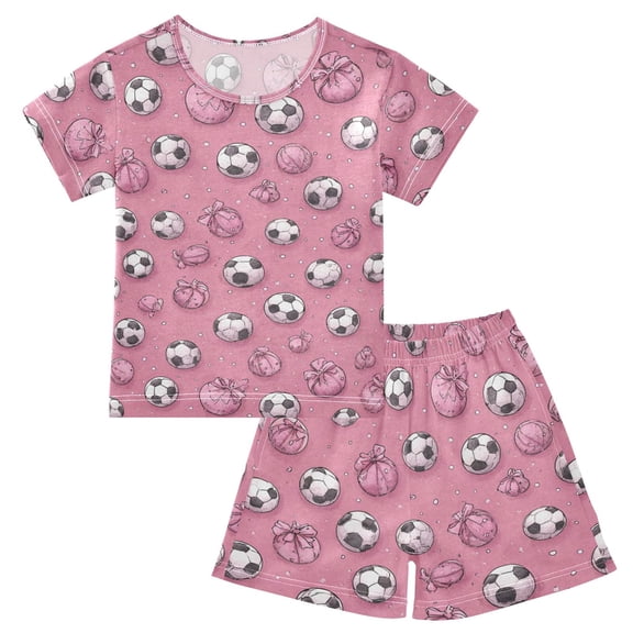 Summer Short Sleeve Pajama Sets Pink Football Patterns Sleepwear Nighty 95% Cotton (5-14Y)