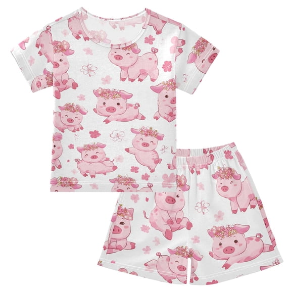 Summer Short Sleeve Pajama Sets Pink Pig Patterns Sleepwear Nighty 95% Cotton (5-14Y)