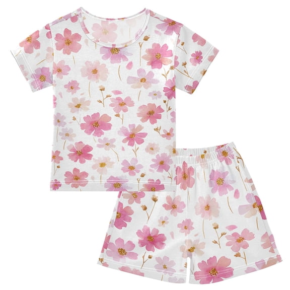 Summer Short Sleeve Pajama Sets Pink and White Wildflower Patterns Sleepwear Nighty 95% Cotton (5-14Y)