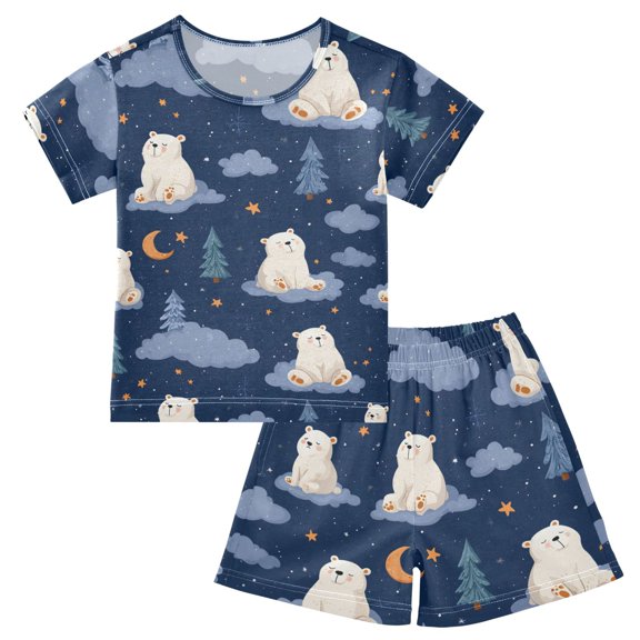 Summer Short Sleeve Pajama Sets Polar Bear Cloud Tree Patterns Sleepwear Nighty 95% Cotton (5-14Y)