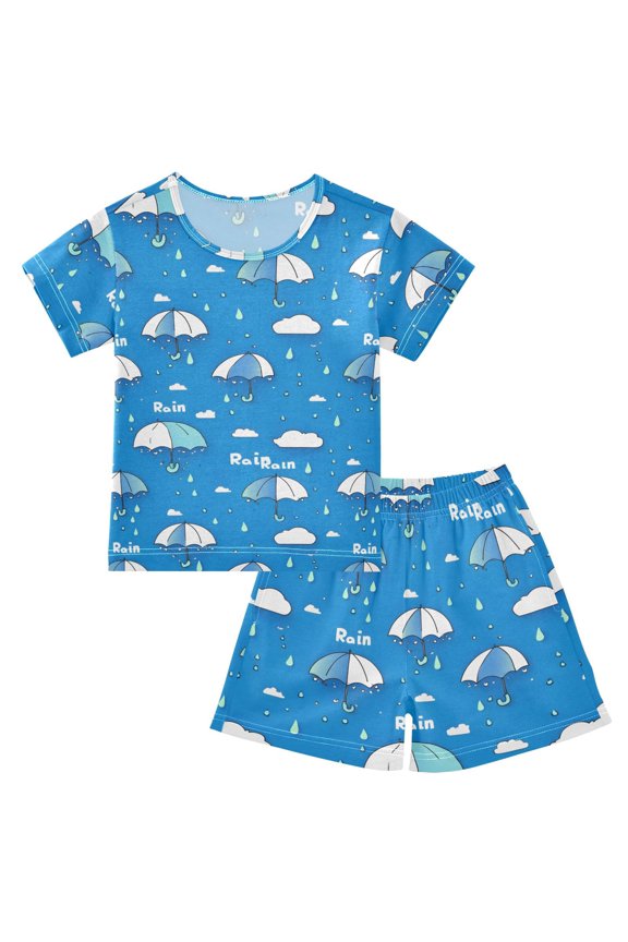 Summer Short Sleeve Pajama Sets Rain Patterns Sleepwear Nighty 95% Cotton (5-14Y)