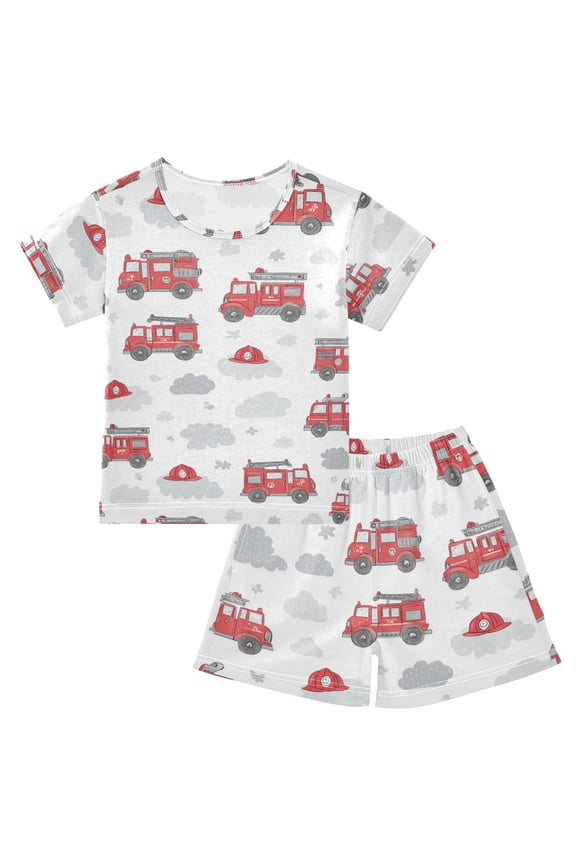 Summer Short Sleeve Pajama Sets Red Fire Truck Patterns Sleepwear Nighty 95% Cotton (5-14Y)