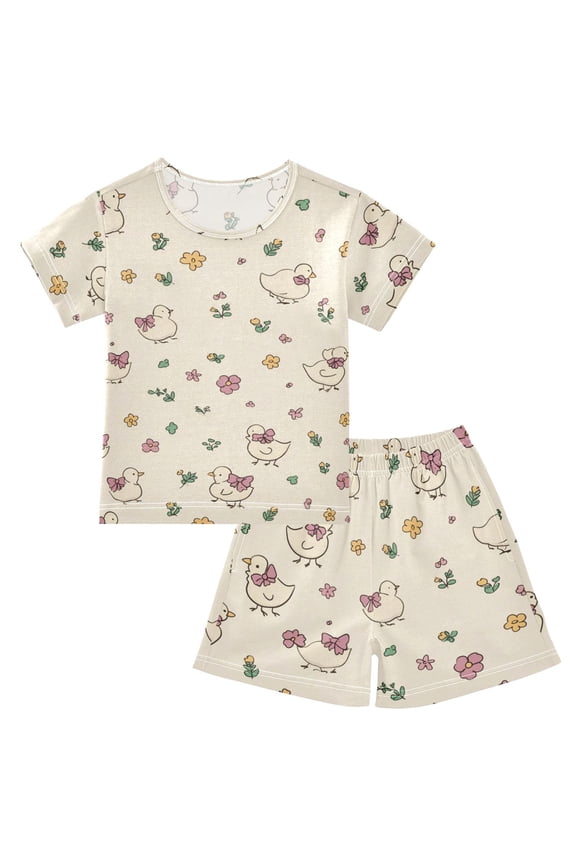 Summer Short Sleeve Pajama Sets Retro Inspired Cute Duck Patterns Sleepwear Nighty 95% Cotton (5-14Y)