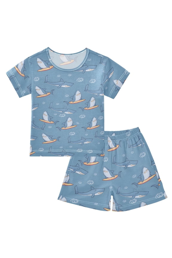 Summer Short Sleeve Pajama Sets Sharks Surfboards Patterns Sleepwear Nighty 95% Cotton (5-14Y)