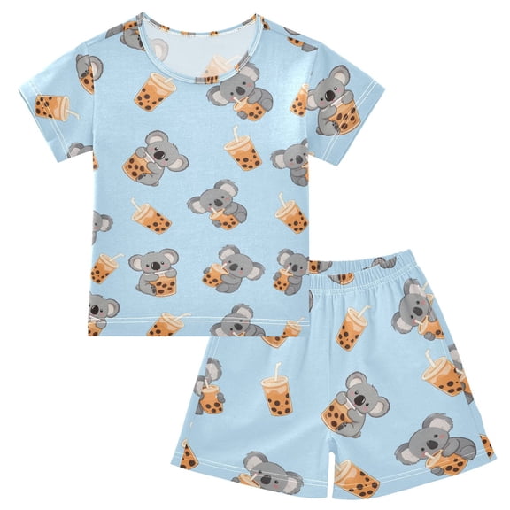 Summer Short Sleeve Pajama Sets Sloth Milk Tea Patterns Sleepwear Nighty 95% Cotton (5-14Y)